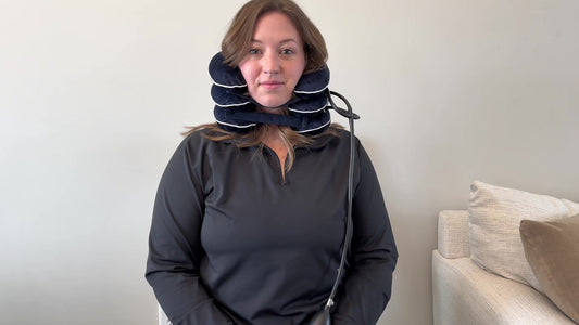 Woman wearing CerviRelief neck traction device, front view