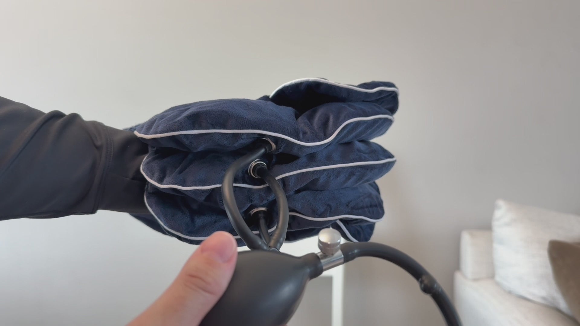 Load video: Woman demonstrating CerviRelief neck traction device and inflating the collar to relieve neck pressure in minutes